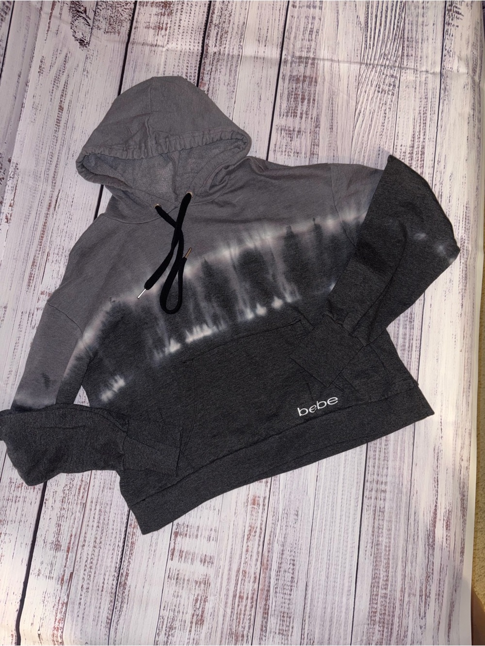 bebe Blackish Gray and White Tie-Dye Hooded Pullover